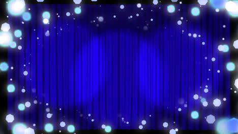 animation of blue curtain and christmas fairy lights flickering in background