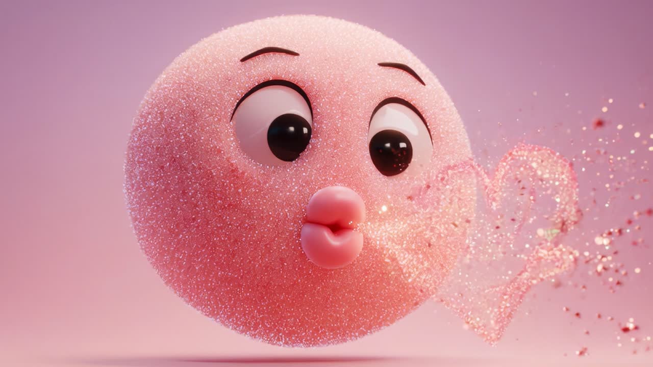 A Cute Animated Sphere Blowing Sparkling Hearts, Capturing the Essence of Love and Joy with Its Playful Expression and Shimmering Glitter Against a Soft Pink Background