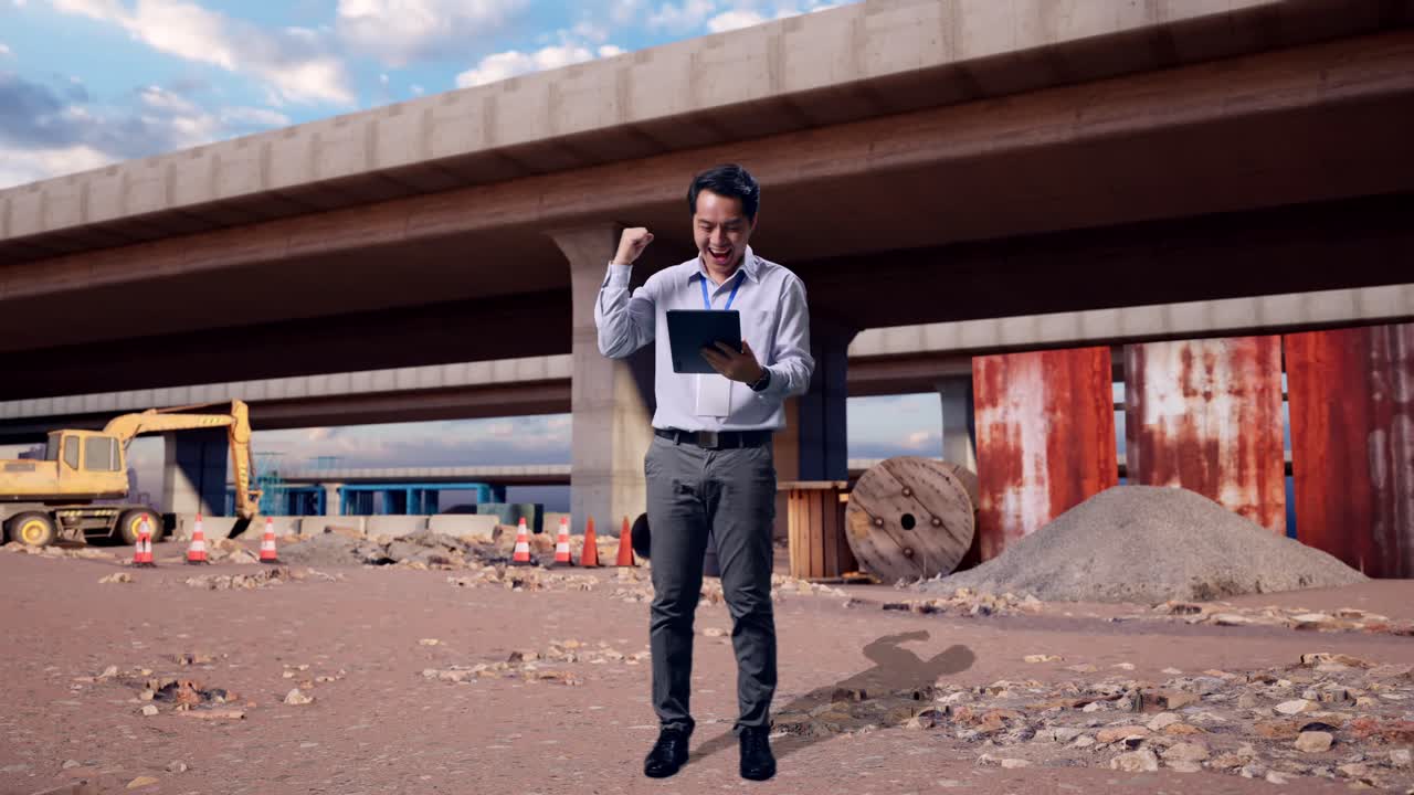 Cuerpo completo de un trabajador profesional asiático de pie con su tableta en el lugar de la construcción de la autopista. Levanta el puño gritando «¡Objetivo!» tras escribir en la tableta.