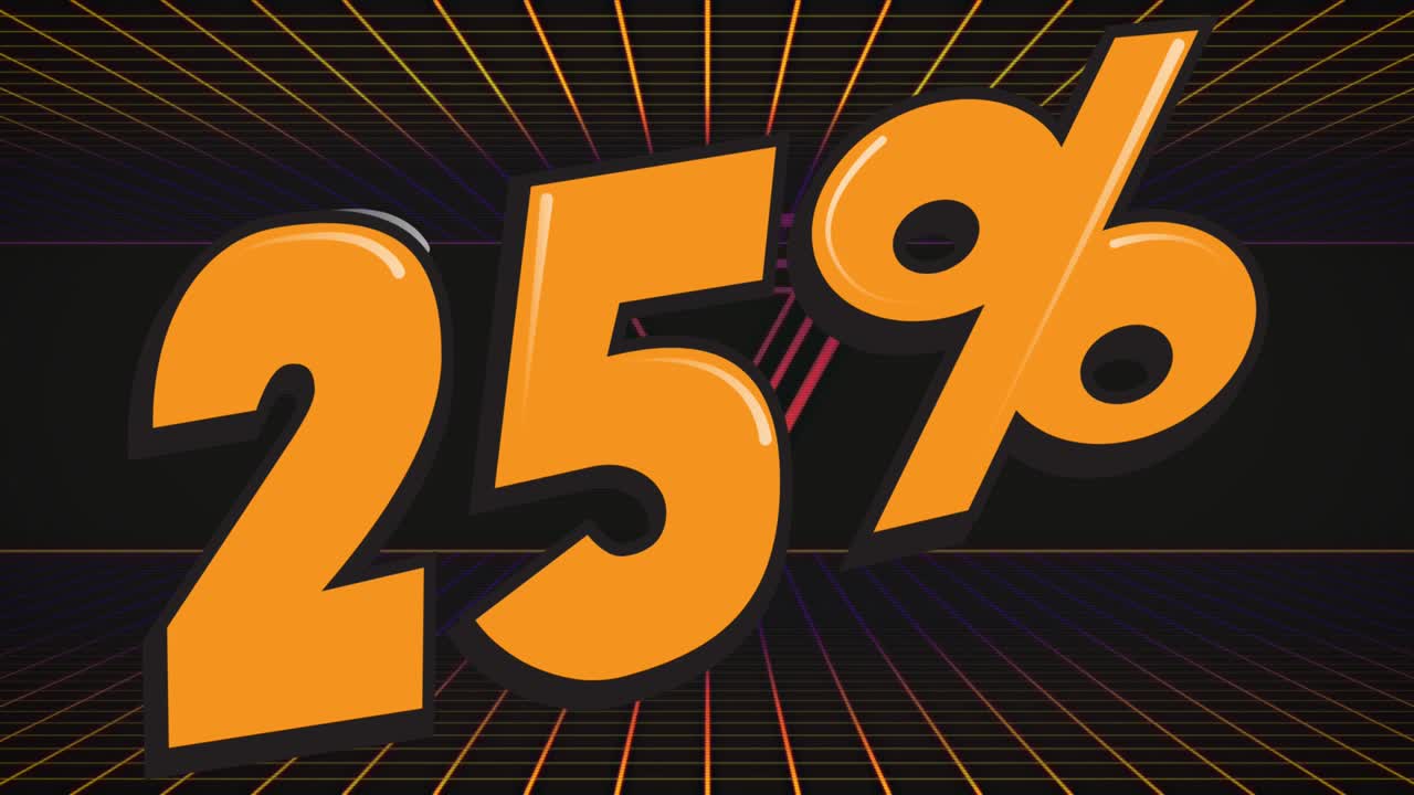 블랙 배경에 네온 삼각형과 그리드 위에 25 퍼센트 표지판의 애니메이션