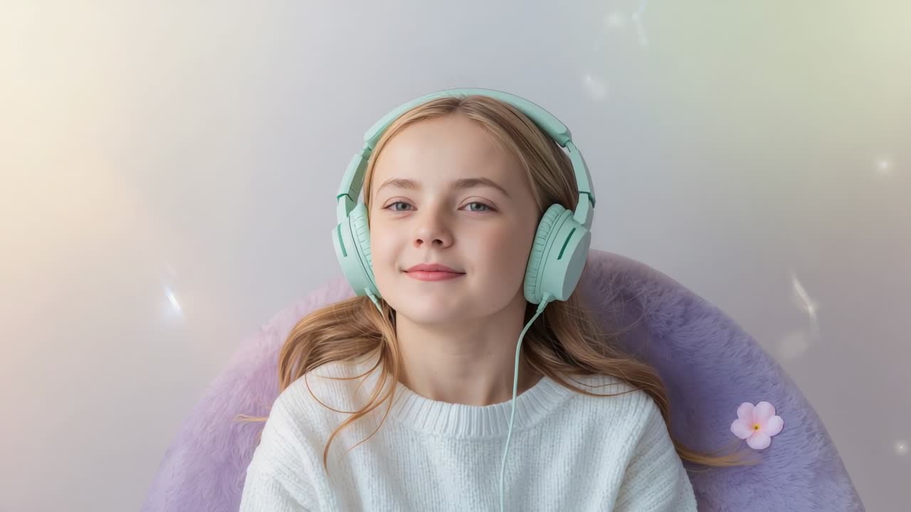Ragazza sorridente che si sistema i capelli a casa, alza il mento e indossa cuffie color menta e un maglione bianco su una sedia viola