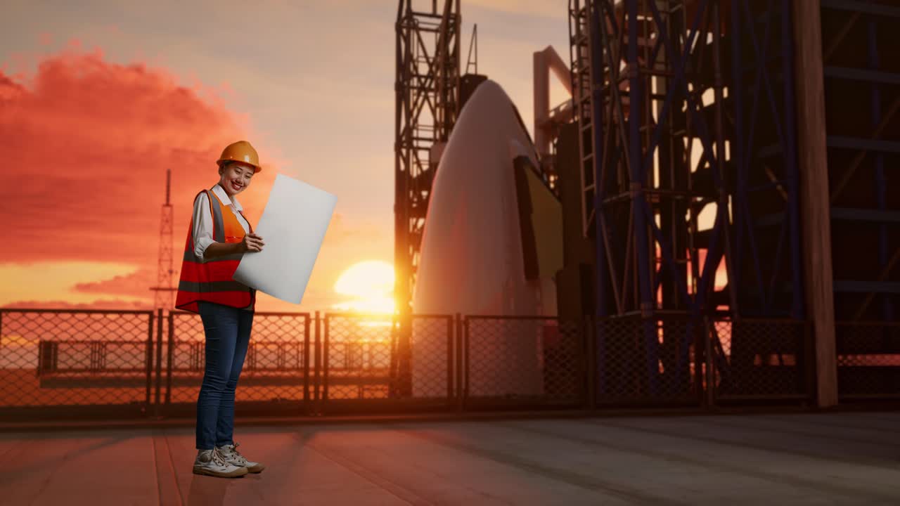 vista lateral completa del cuerpo de una ingeniera asiática con casco de seguridad mirando el plano en sus manos mientras está de pie con el transbordador espacial, hora de la puesta del sol