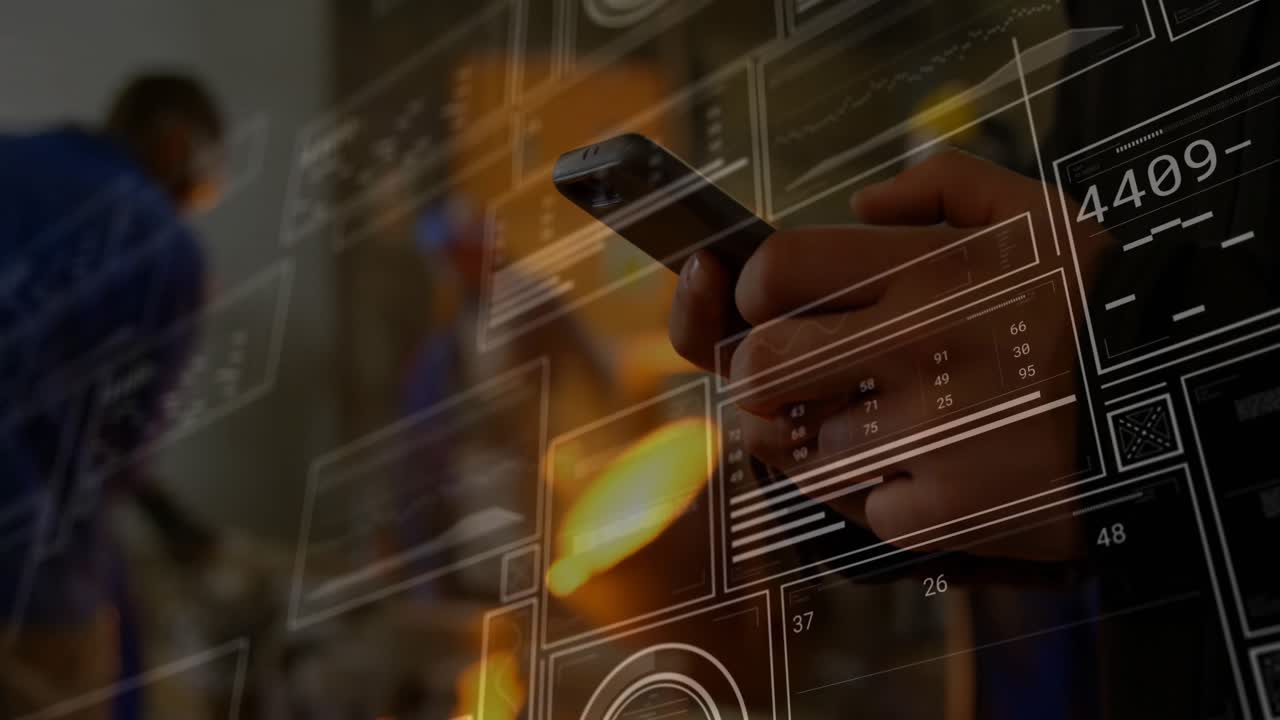 Hands holding smartphone while interacting with floating code panels and numeric data in tech hub