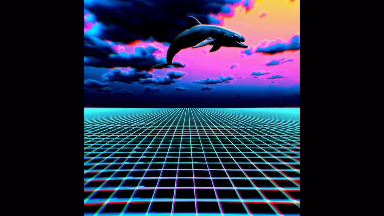 Dolphin in a Retro Cyberpunk Grid Sky