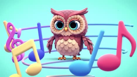 cheerful cartoon owl surrounded by colorful musical notes, bringing joyful melody and fun to the scene in a vibrant animated world