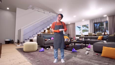 cuerpo lleno de ama de casa masculina asiática con un delantal mirando el spray en la mano luego mostrando los pulgares hacia abajo gesto a la cámara en la casa