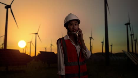 side view of asian female engineer in a helmet standing in front of wind turbines rotating at sunset, talking on smartphone and looking around