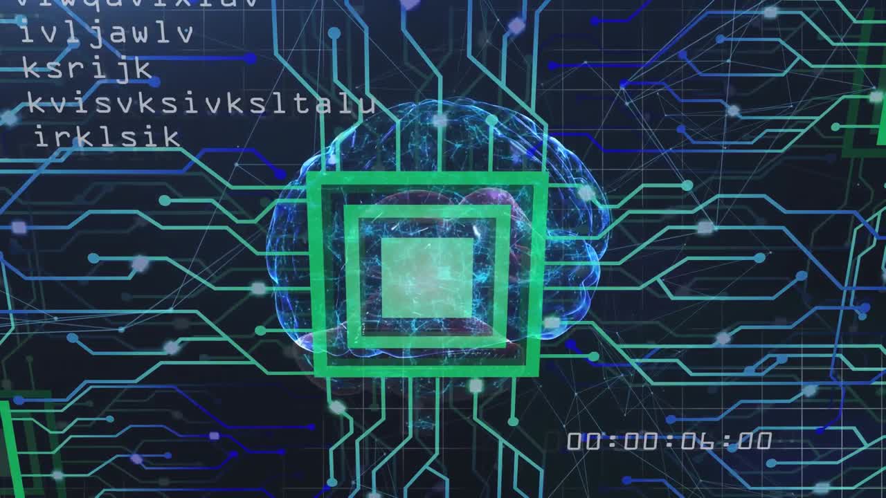 animación del cerebro humano y procesamiento de datos en una placa de circuitos