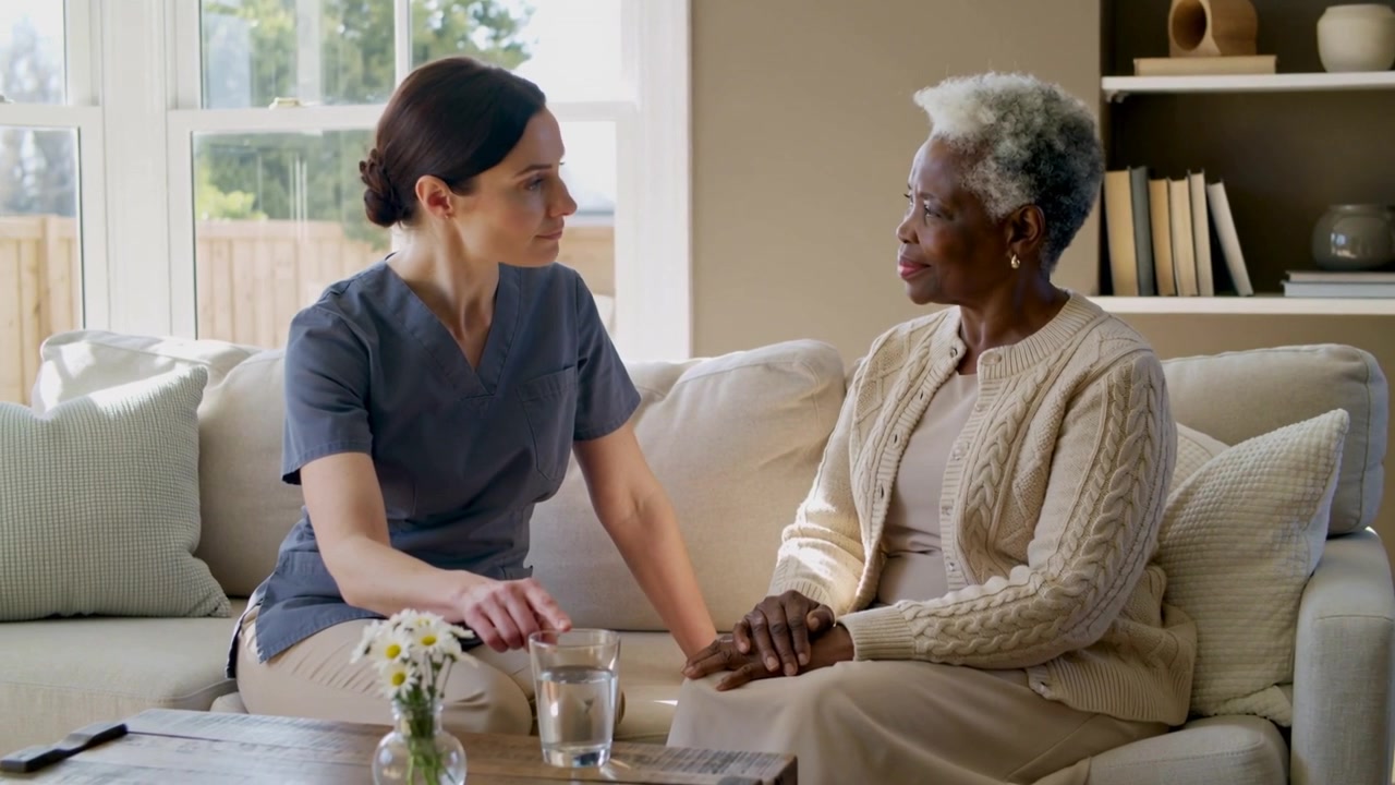 Leaning caregiver in navy scrubs reaching for glass of water on living room sofa, offering comfort