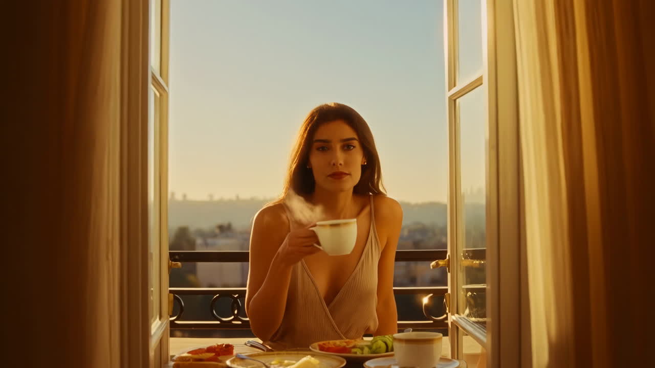 Woman enjoying breakfast on a balcony