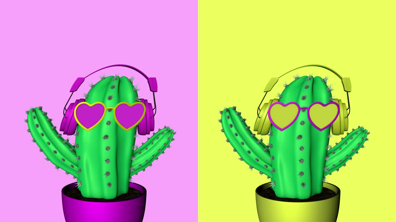 animación en 3d de cactus de lujo en fondo pastel. baile en bucle de caktus funky con auriculares y gafas de sol. concepto de arte pop minimalista.