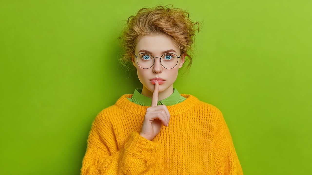 A Thoughtful Young Woman in a Cozy Yellow Sweater and Glasses, Posing Against a Vibrant Green Background with a Gesture of Silence, Emphasizing Calmness and Reflection