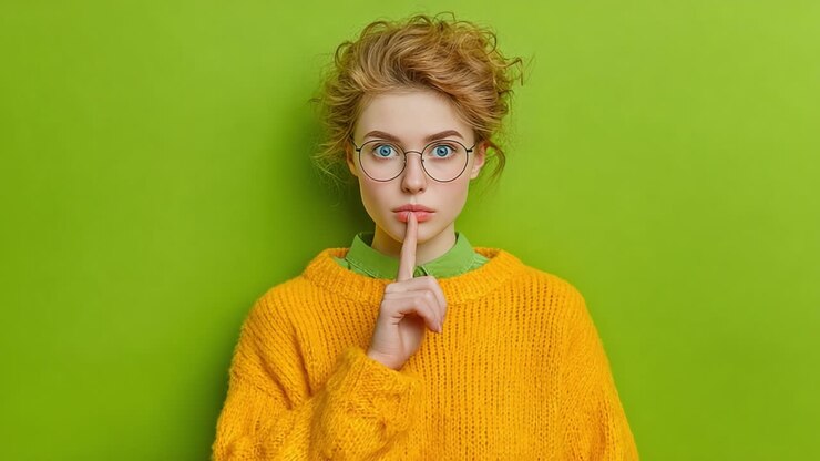 A Thoughtful Young Woman in a Cozy Yellow Sweater and Glasses, Posing Against a Vibrant Green Background with a Gesture of Silence, Emphasizing Calmness and Reflection