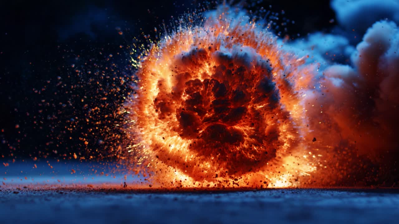 A mesmerizing display of energy unfolds as an explosive fireball erupts, illuminating the surroundings with vivid colors and creating an awe-inspiring spectacle of power and destruction