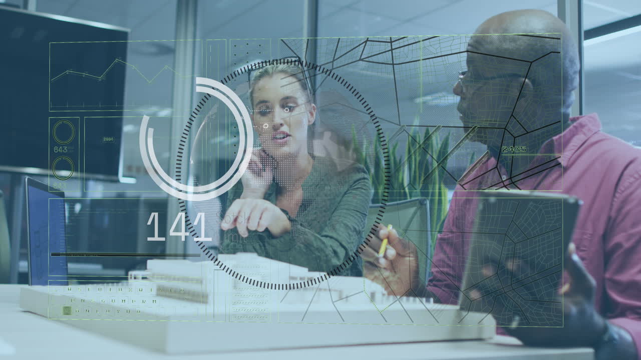 Animation of data processing over diverse business people in office