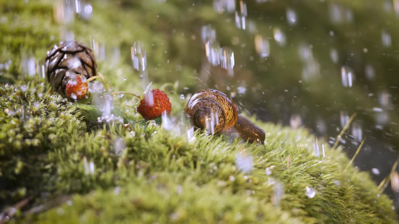 Close-up wildlife of a and wild strawberries and snail in heavy rain in the forest. Shot on super slow motion camera 1000 fps.
