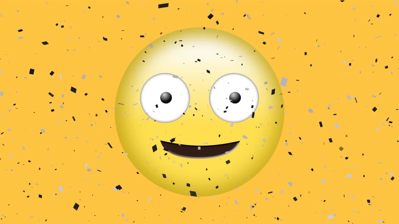 animación de confeti cayendo con la lengua asomada guiñando el emoji sobre un fondo amarillo