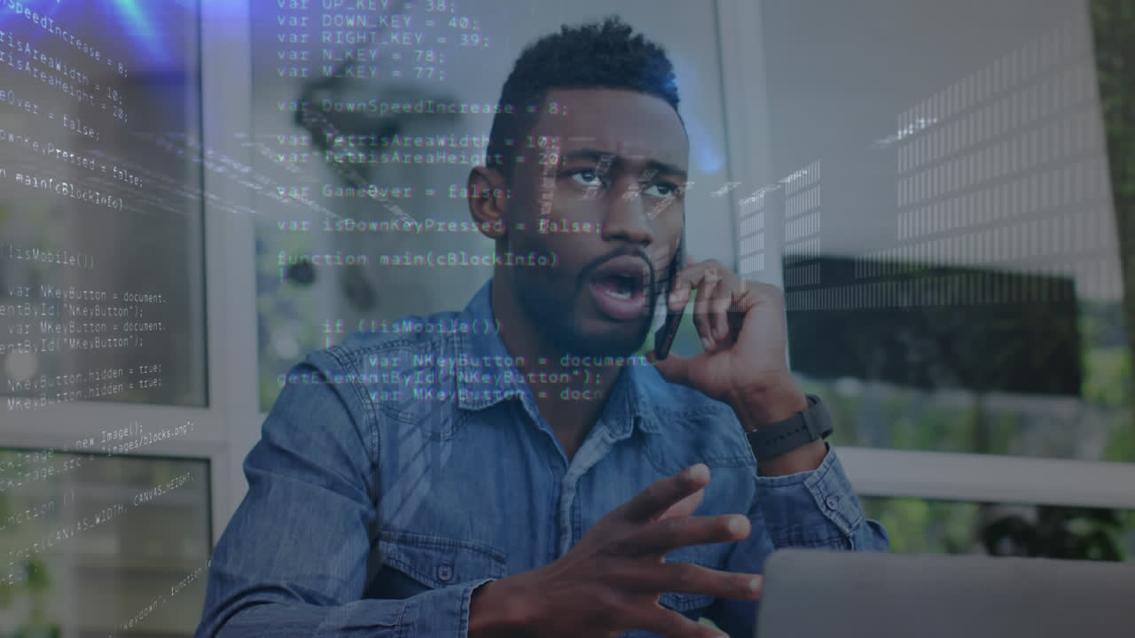 Animation of interface data and african american businessman using smartphone and laptop