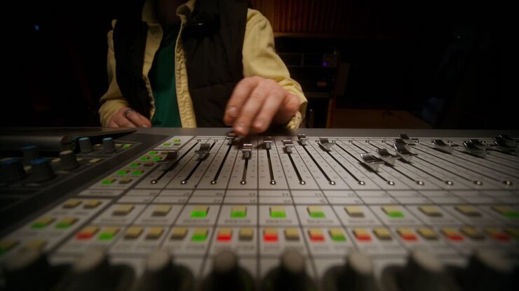 Audio Engineer Working on Mixing Board in Professional Recording Studio