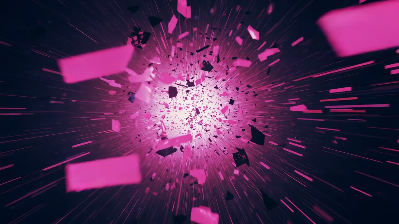 Starting pink glow causing shards swirling inward and bursting outward in void, with pink streaks