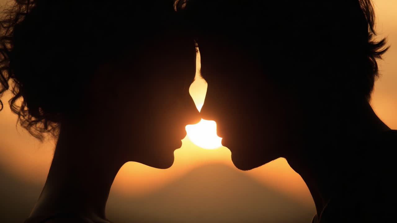A Magical Sunset Embrace: The Silhouetted Faces of Two Lovers Igniting Passion Beneath the Glowing Horizon, Capturing an Intimate Moment in Time