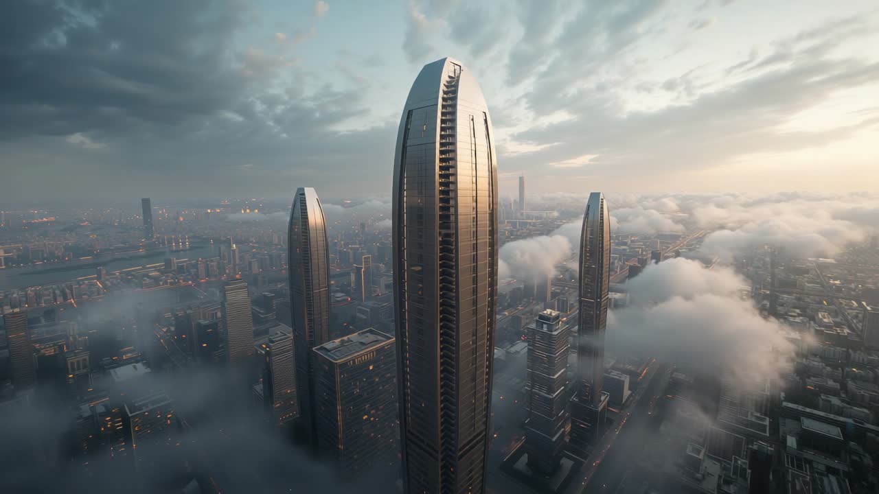 Pulling back drone platform orbiting central oval skyscraper over misty city, revealing river