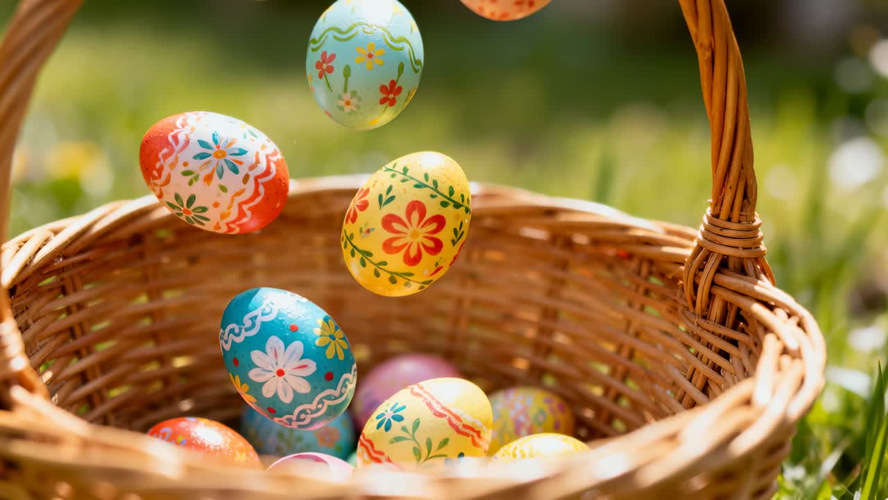 Gravity pulling decorated eggs descending into wicker basket on sunlit lawn, forming small pile
