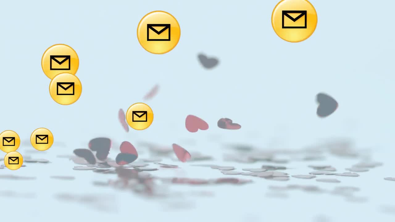 Diverse icone di messaggi che fluttuano sopra cuori che cadono su uno sfondo bianco.