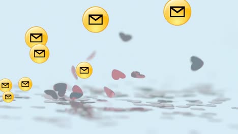 Multiple-message-icons-floating-over-multiple-hearts-falling-against-white-background