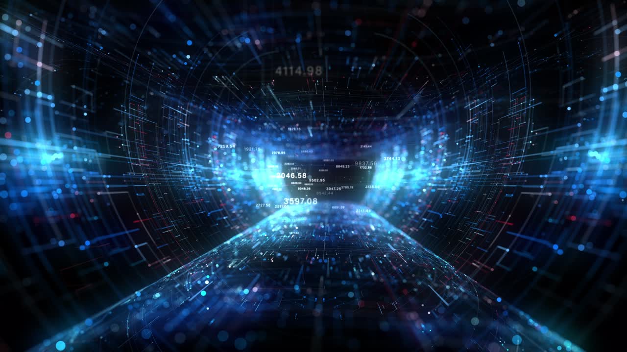 터널 디지털 사이버 공간 및 디지털 데이터 네트워크 연결 개념: 디지털 데이터 전송, 고속 인터넷, 미래 기술, 디지털 추상 배경 개념, 루프 디자인, 4k