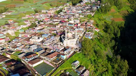 Drone-shot-of-Mosque-on-the-beautiful-village-called-Nepal-Van-Java-on-the-slope-of-Mount-Sumbing,-Indonesia