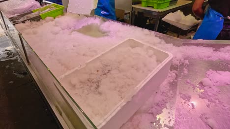 pescado y mariscos exhibidos en hielo en el mercado