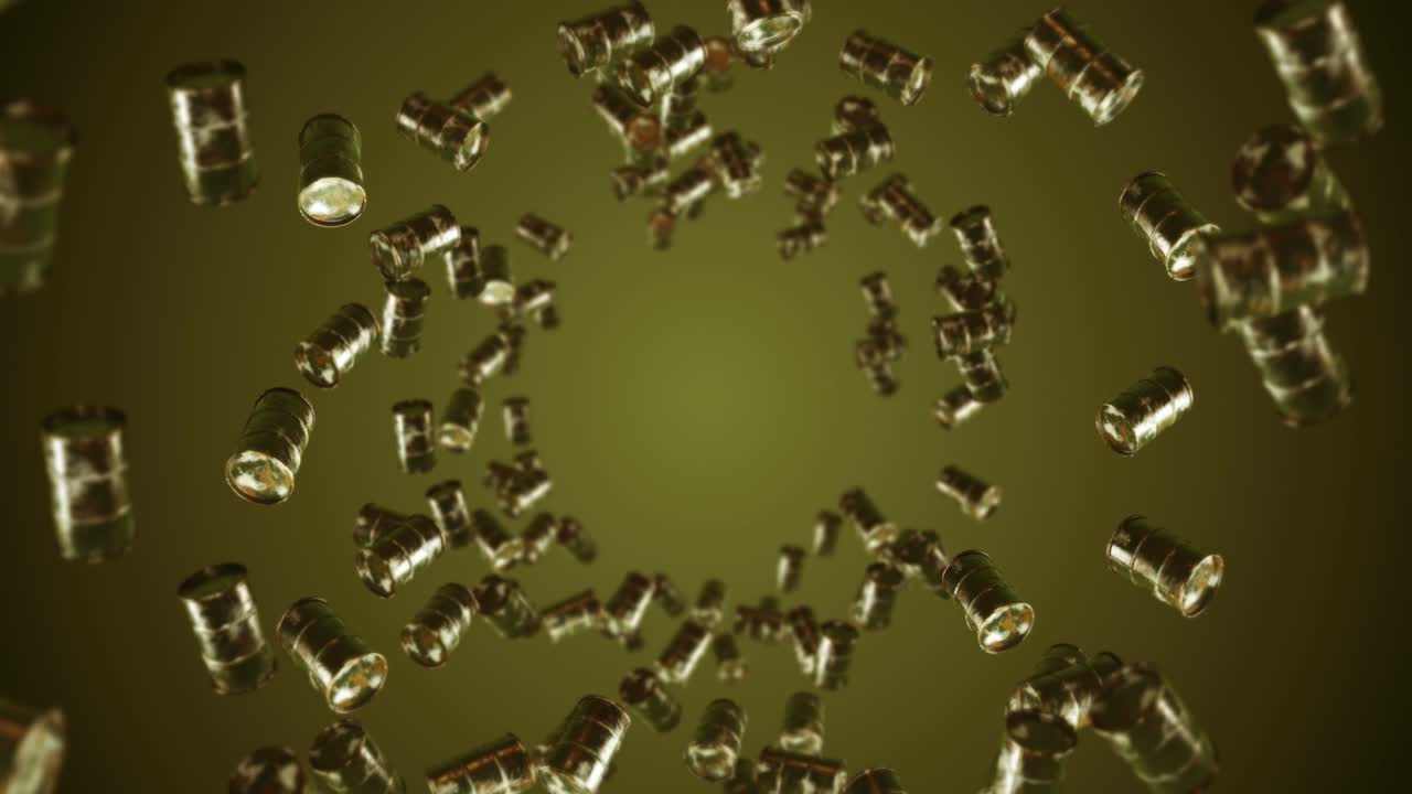 volando muchos tambores de combustible viejos en fondo marrón. industria química, barriles de metal. animación 3d del tanque de petróleo girando. animación de bucle.