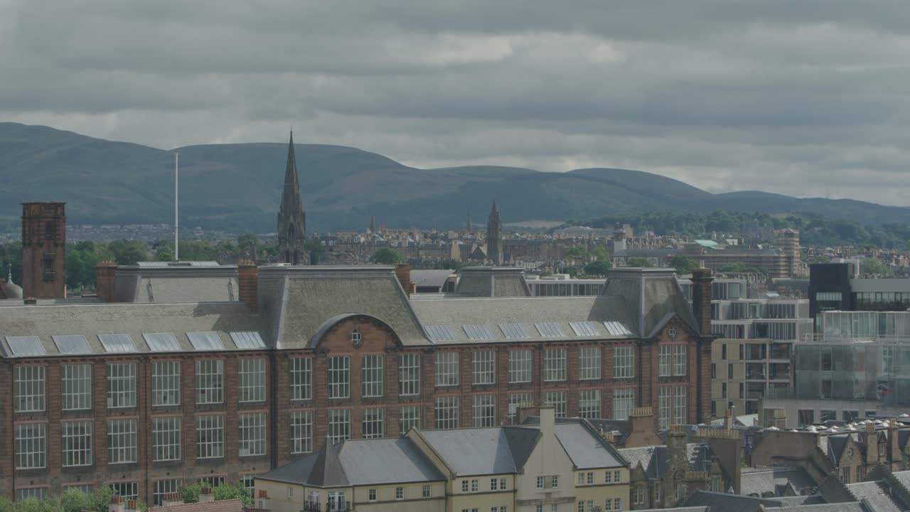 A landscape shot of Edinburgh with old buildings, a university, and a church.