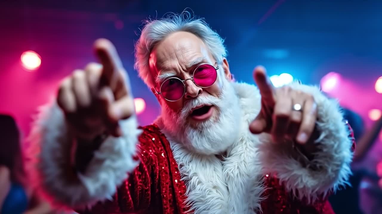 Un uomo vestito da Babbo Natale che indica la telecamera