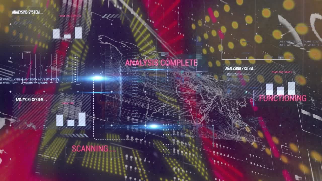 Animation of statistics and data processing over glowing tunnel of neon lights