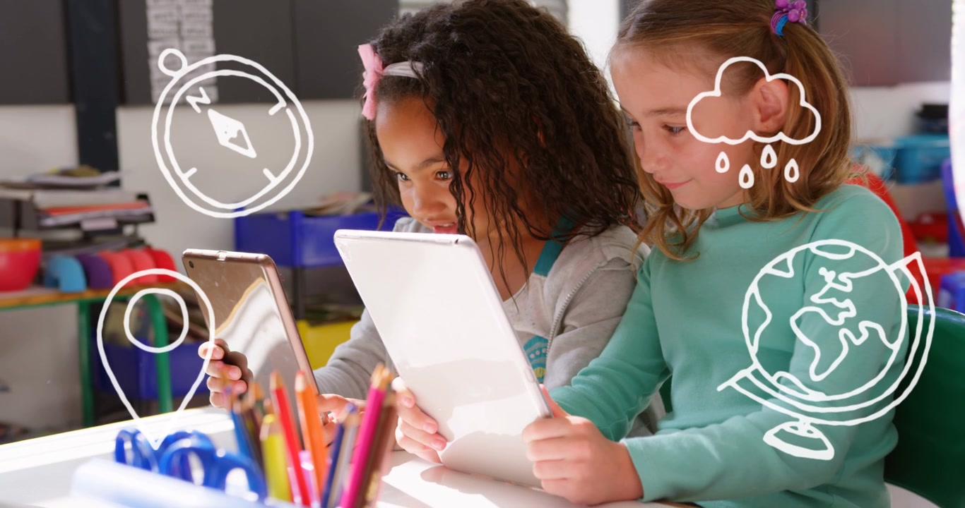 Animation of school items icons over diverse schoolchildren using tablets