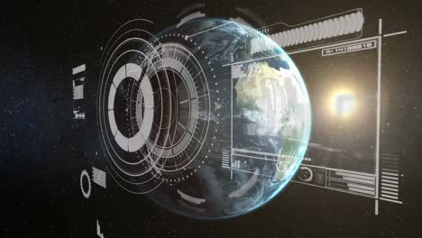 Animation-of-circular-scope-scanning-rotating-globe-and-data-processing-on-interface-with-on-black