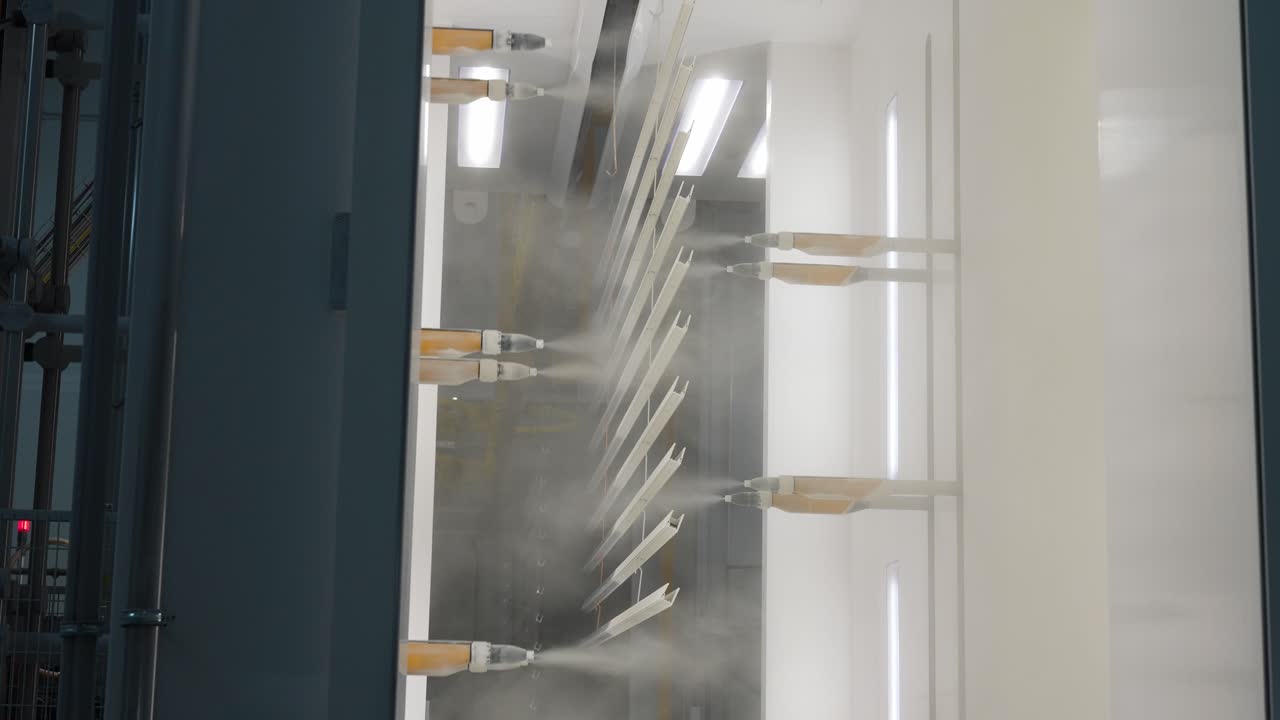 Automated powder spray nozzles coating metal profiles passing through the coating chamber. High-efficiency industrial surface treatment