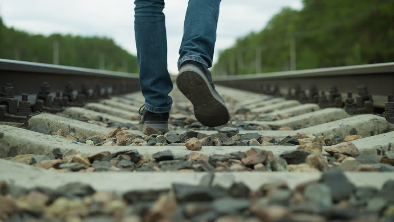 vista de cerca de las piernas de un hombre, vestido con vaqueros y zapatos de lona, caminando solo por vías ferroviarias rocosas con una vista borrosa de árboles y postes eléctricos