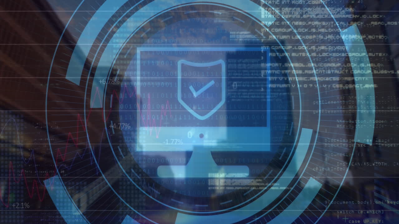 animación de escudo, icono de escritorio, códigos binarios, lenguaje informático sobre edificios modernos