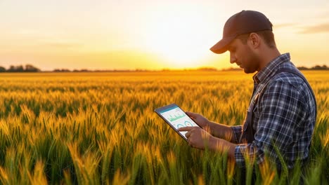 a farmer utilizing technology to analyze crop data in a golden wheat field during sunset, illustrating modern agricultural practices and sustainable farming techniques