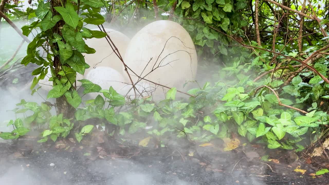 Large dinosaur eggs rest among foliage and smoke, natural daylight, static camera, mysterious mood