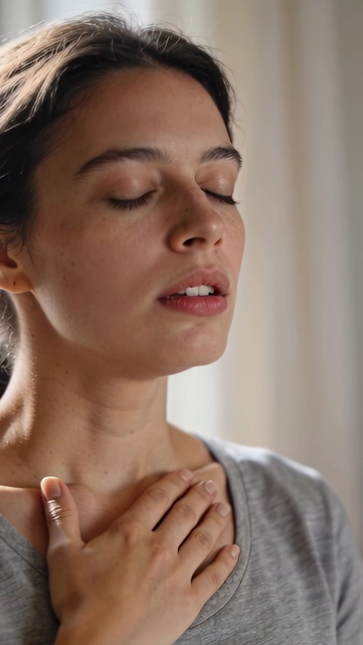 Video verticale: Donna che inizia a praticare respiri calmanti a casa, con la mano destra sul petto e una maglietta grigia.