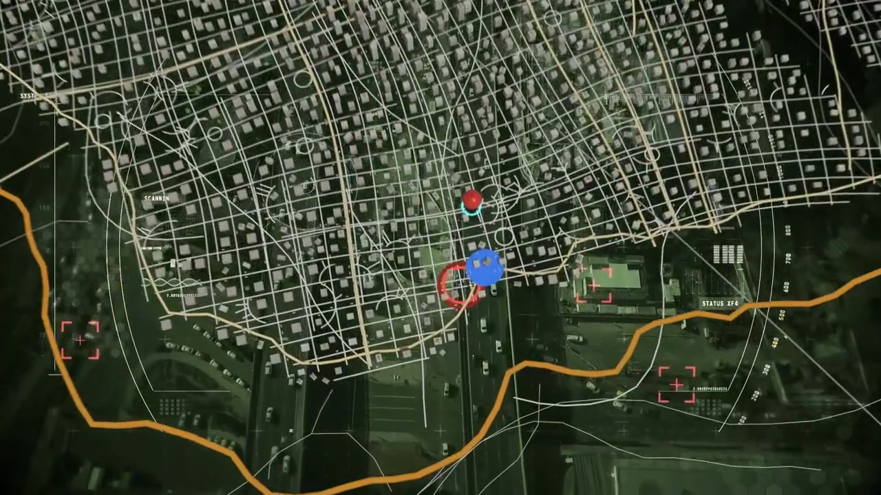Ping initiating map HUD, showing converging markers, plotting cyan route highlighting corridor