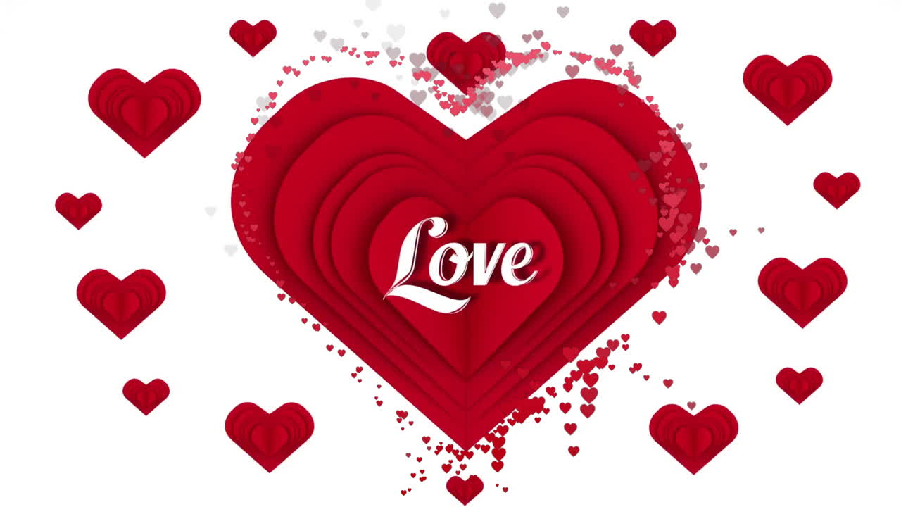 Animazione di testo "Amore" su cuori rossi e coriandoli su sfondo bianco