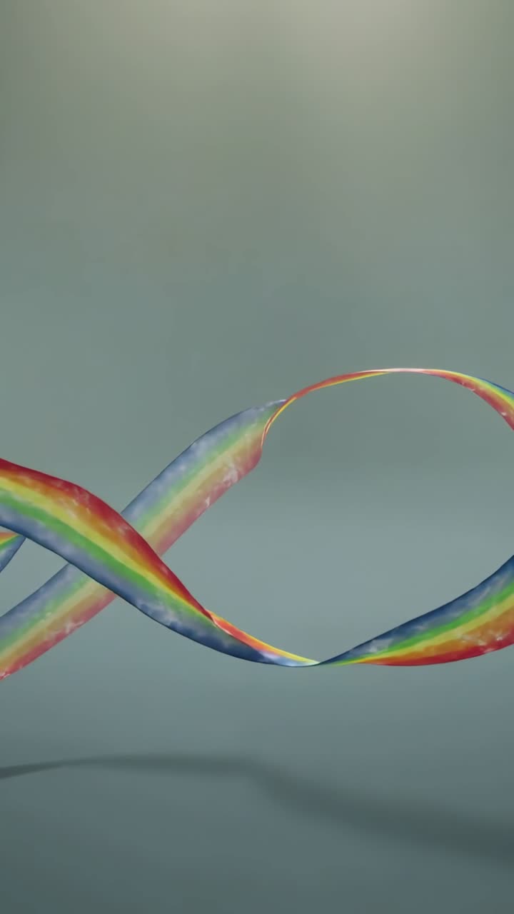Vertical video: Animating on playback, two rainbow ribbons twisting, forming loops in grey backdrop