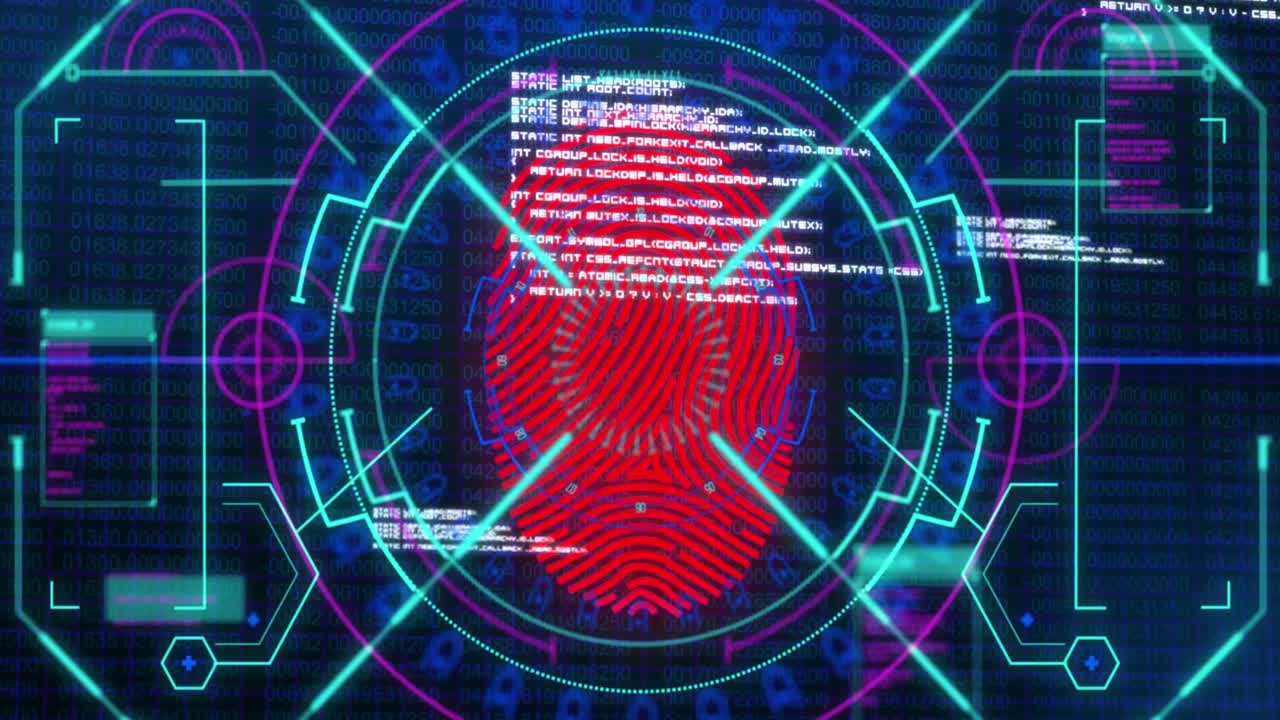 animación de la huella digital biométrica roja con escaneo de alcance y procesamiento de datos