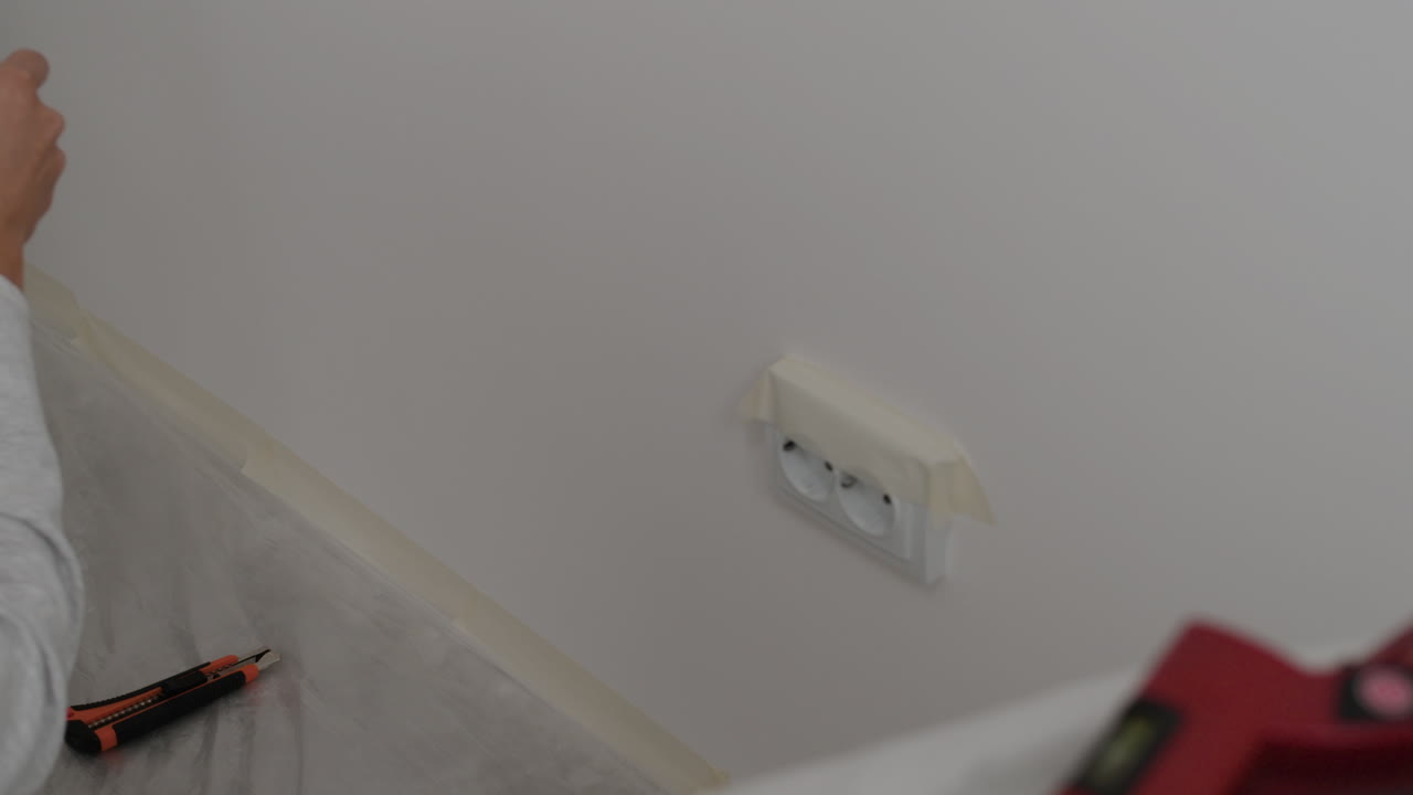 Woman Masking Off Electrical Outlet Before Painting Wall