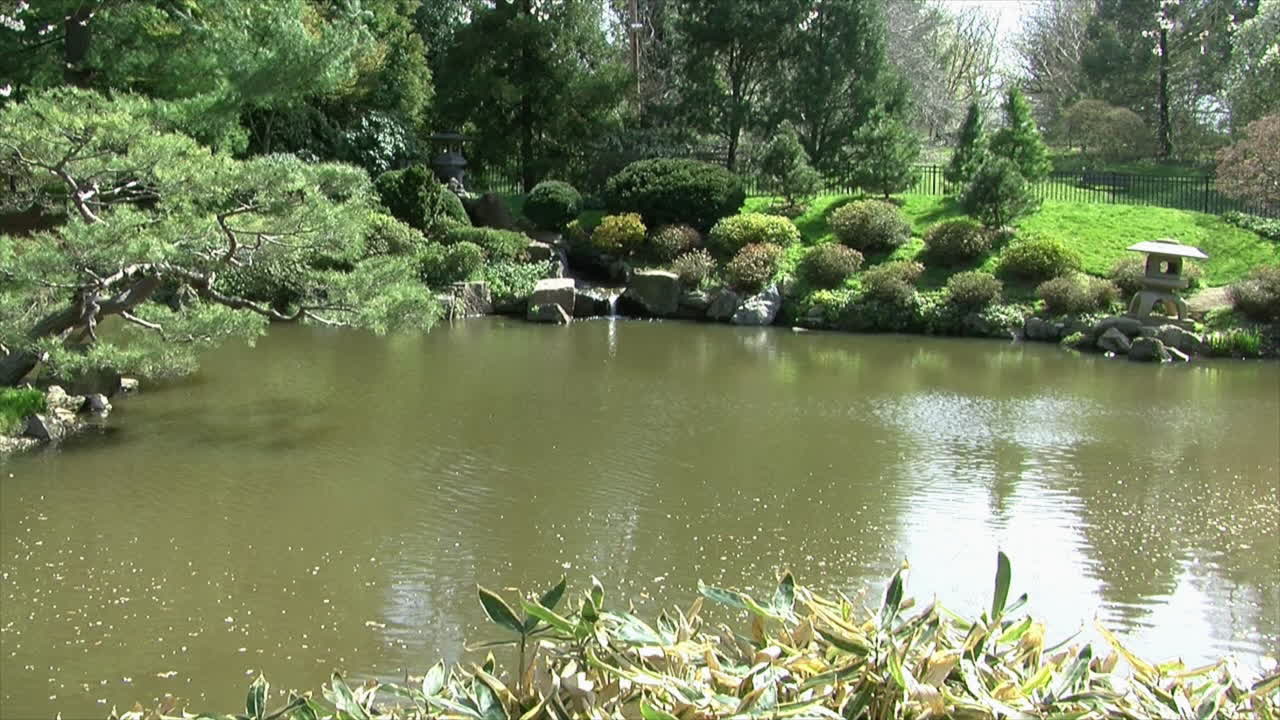 estanque koi de un jardín japonés con linterna de piedra y cascada en segundo plano.